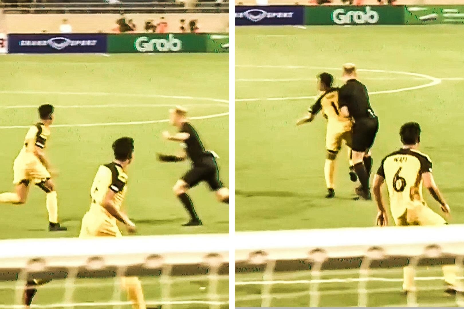 Tinh huong lao vao nhau hai huoc cua trong tai va cau thu U23 Brunei hinh anh