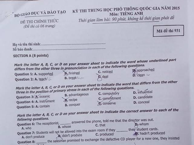 De thi va goi y loi giai mon Tieng Anh hinh anh