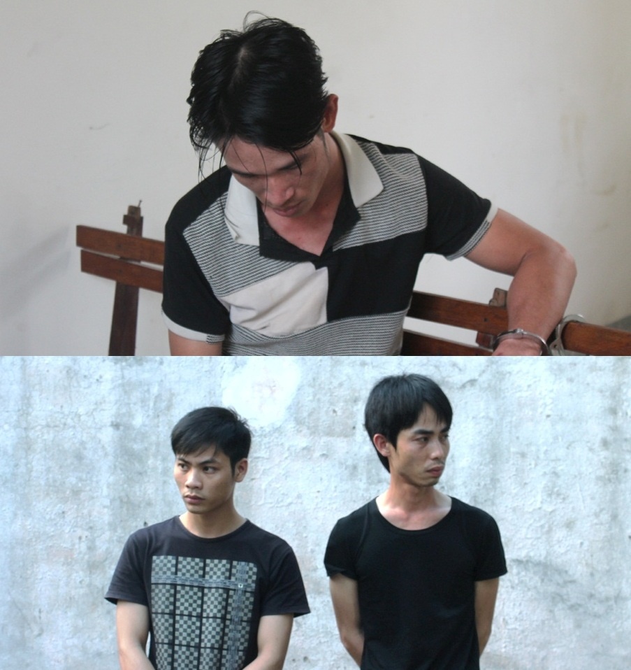 Thái (ảnh trên), Huy và Tân (ảnh dưới) tại cơ quan điều tra.