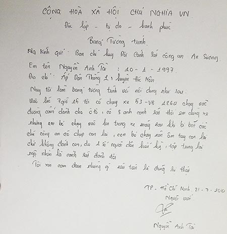 Tường trình của học sinh Trần Anh Tài khẳng định không bị CSGT An Sương đánh hay hành hung.