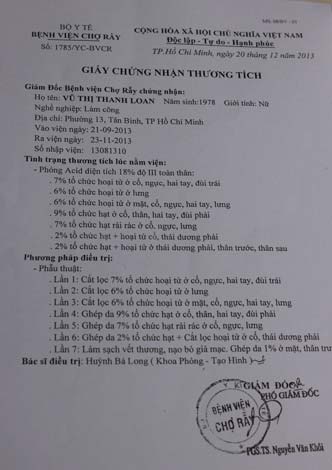 Giấy chứng nhận thương tích 18% của chị Loan.