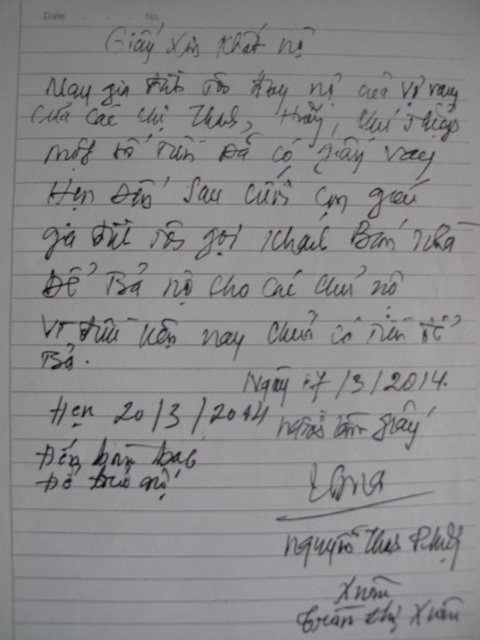 Một trong những tờ giấy viết tay của ông Phượng trước ngày con gái về nhà chồng