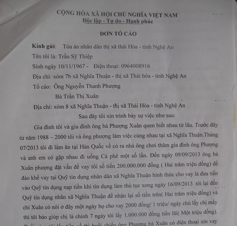 Đơn tố cáo của anh Thiệp gửi cơ quan chức năng