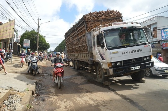 Chiếc ô tô chất đầy sắn gãy nhíp, nghiêng trên đường nằm vạ.