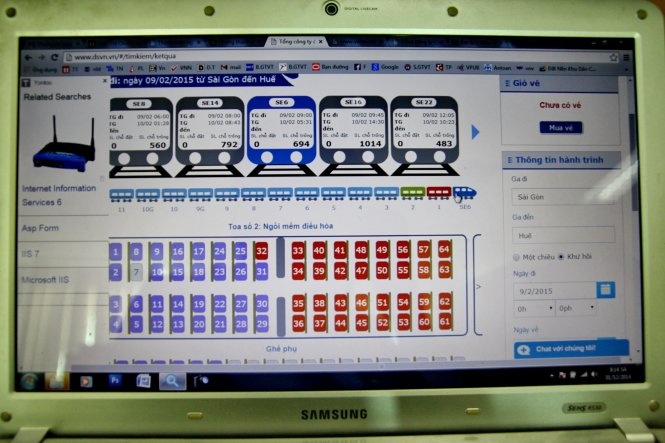 Chỉ khoảng vài chục phút sau, nhiều đoàn tàu đã báo hết chỗ (màu đỏ), số còn lại (màu tím) dành co chặng dài.