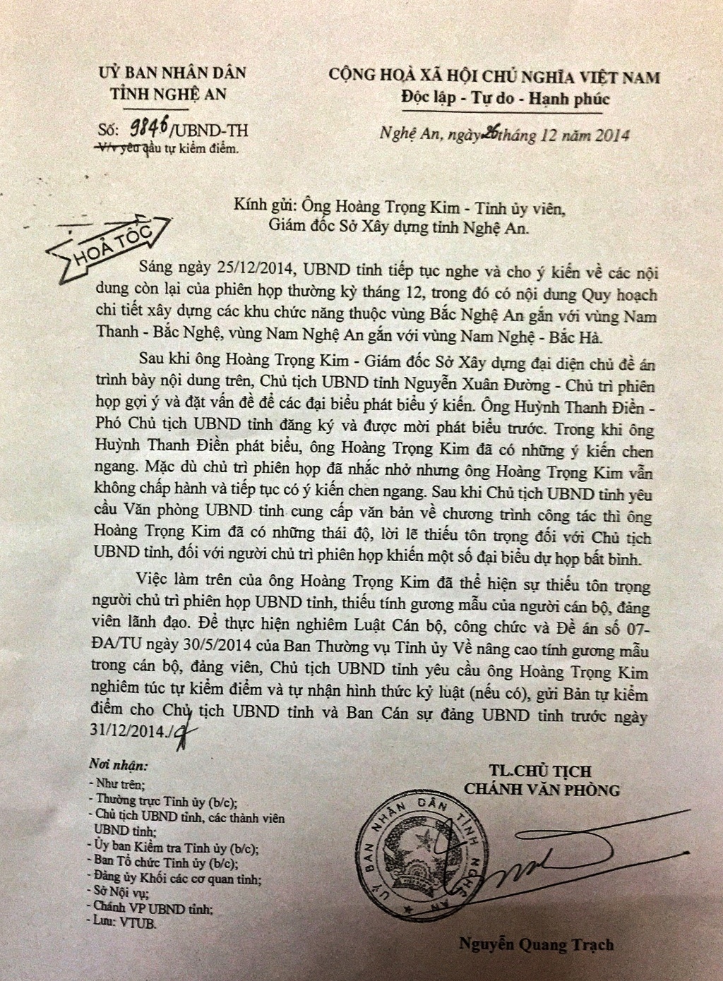 Văn bản ‘hỏa tốc’ yêu cầu Giám đốc Sở Xây dựng Nghệ An kiểm điểm.