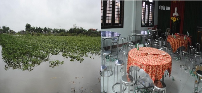 Sáng hôm sau nước vẫn ngập trắng đồng, bên trong hội trường xã Quảng Thành 