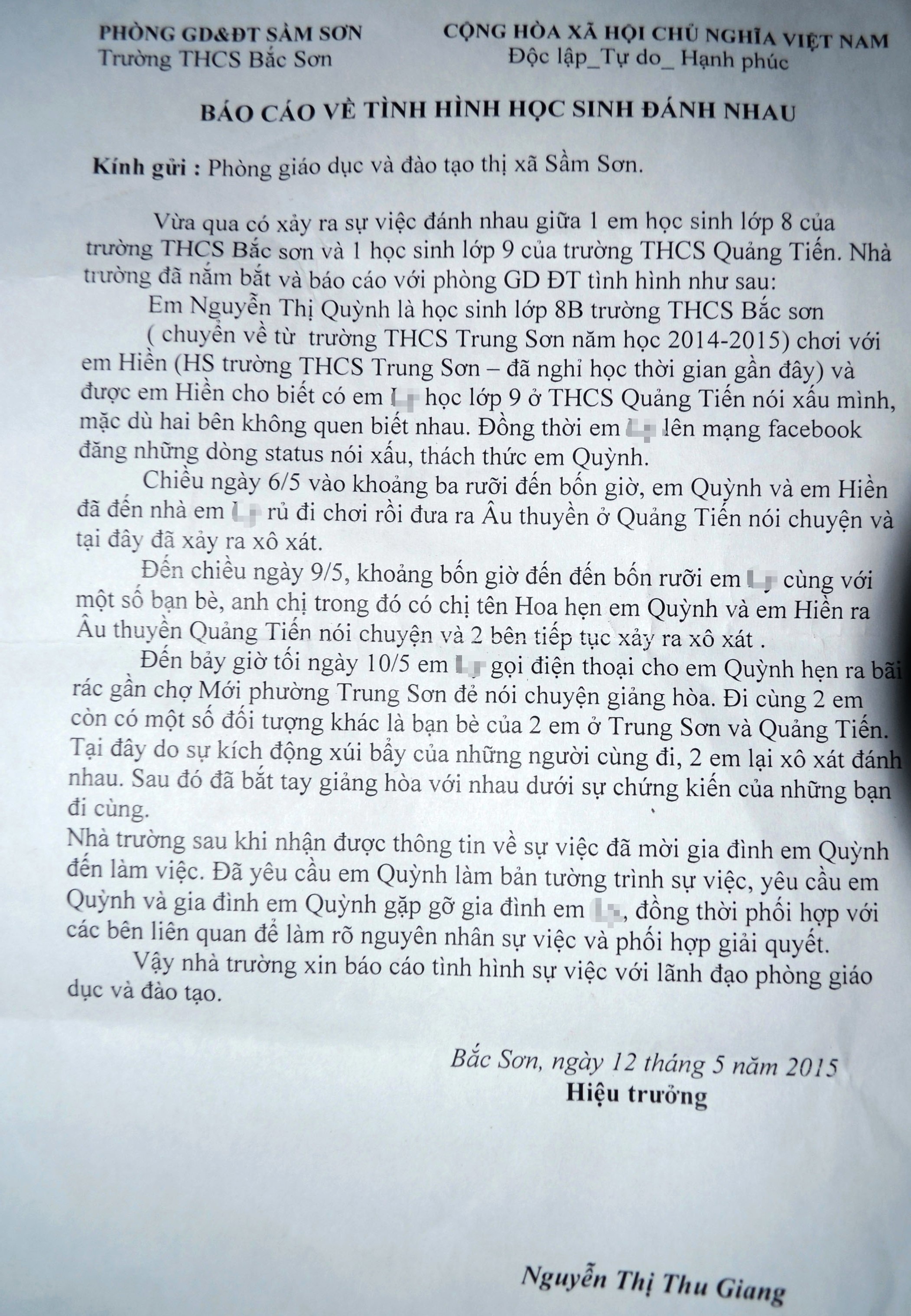 Baoscaos vụ việc của trường HTCS Bắc Sơn gửi cho phòng GD&ĐT thị xã Sầm Sơn.