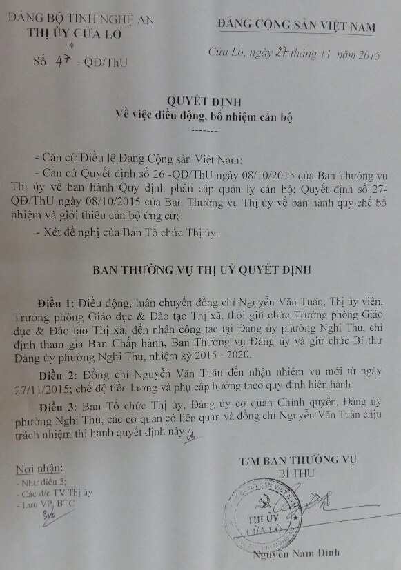 Quyết định điều động, luân chuyển của Ban Thường vụ Thị ủy Cửa Lò đối với ông Tuân và ôn Nhân.