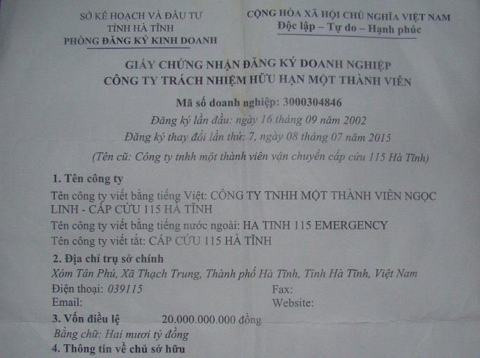 Giấy chứng nhận ĐKKD của Công ty TNHH MTV Ngọc Linh - Cấp cứu 115 Hà Tĩnh.