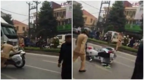 Thay giao lai xe tai dam moto CSGT, bo chay 20 km hinh anh