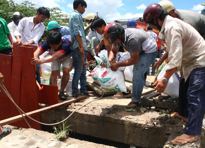 Sau đó những bao cát này được chuyển xuống cống nước. 
