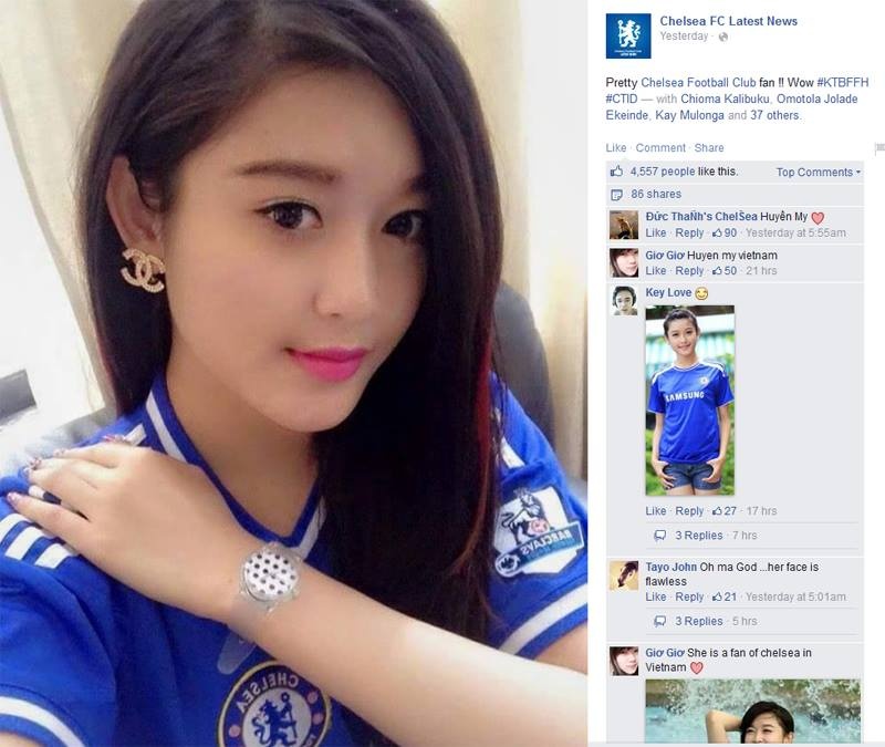 Hình ảnh Á hậu Huyền My được đăng tải trên fanpage có 7 triệu người theo dõi của CLB Chelsea.