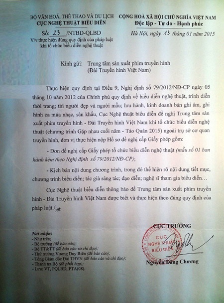Công văn nhắc nhở đơn vị sản xuất Táo quân 2015 của Cục NTBD.