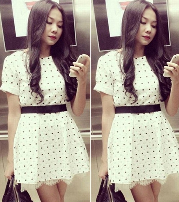 Váy chấm bi đơn giản nhưng thanh lịch và dễ mặc là style của Thanh Hằng.