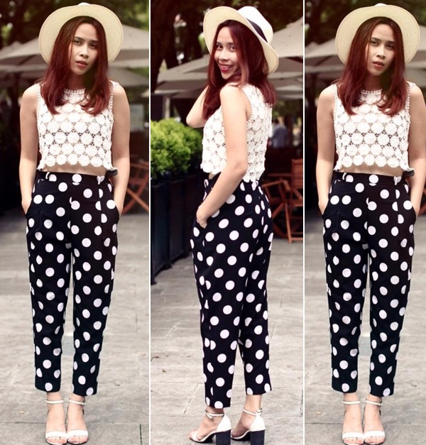 Bạn gái miền Nam có thể xuống phố rạng rỡ với quần chấm bi và áo crop top ren như ca sĩ Hương Giang. Xăng đan và mũ trắng tạo nên sự đồng điệu cho set đồ.
