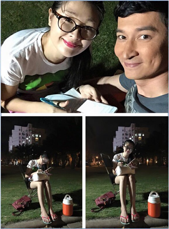 Hai vợ chồng MC Huy Khánh – diễn viên Mạc Anh Thư trong giờ nghỉ giải lao của đoàn phim.