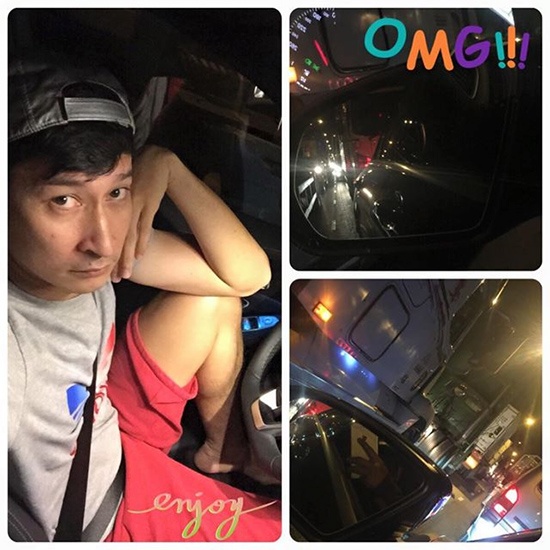 Vẻ mặt mệt mỏi của Huy Khánh khi bị kẹt xe gần 2 tiếng đồng hồ. Dù mệt, anh vẫn tranh thủ chụp hình để đăng tải lên trang Facebook cá nhân.