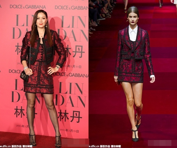 Dũ đã ở cái tuổi không còn trẻ, nhưng Kỳ Kỳ sở hữu chiều cao 1m8 và vóc dáng mảnh mai nên cô không hề bị lép vế khi đặt cạnh nàng mẫu. Khoác lên người thiết kế tinh tế của Dolce & Gabbana, cô vợ xinh đẹp của Nhậm Đạt Hoa khiến nhiều người không thể rời mắt.