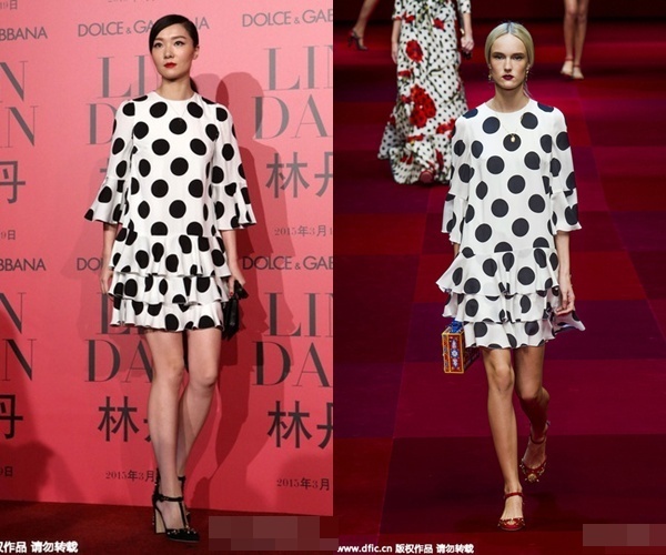 Khuôn mặt cá tính, vóc dáng thanh thoát nên Tề Khê mang thần sắc của một siêu mẫu. Vì vậy, khi cùng mặc chung một bộ cánh, người đẹp không hề thua kém nàng mẫu của sàn diễn. 