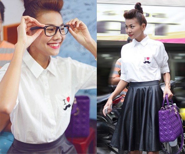 Chân váy đen xòe kết hợp với sơ mi trắng tạo nên sự trẻ trung bất ngờ set đồ của Thanh Hằng.