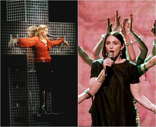 Trong tour diễn Confessions năm 2006, Madonna đã có phần trình diễn trên sân khấu được tạo hình mô phỏng chúa Jesus bị đóng đinh trên thập tự. Điều này khiến nữ ca sĩ bị nhiều nhóm tôn giáo chỉ trích dữ dội. Trước đó, tại lễ trao giải VMAs 1998, Madonna động chạm đến đạo Hindu với màn hóa trang biểu tượng thần linh.