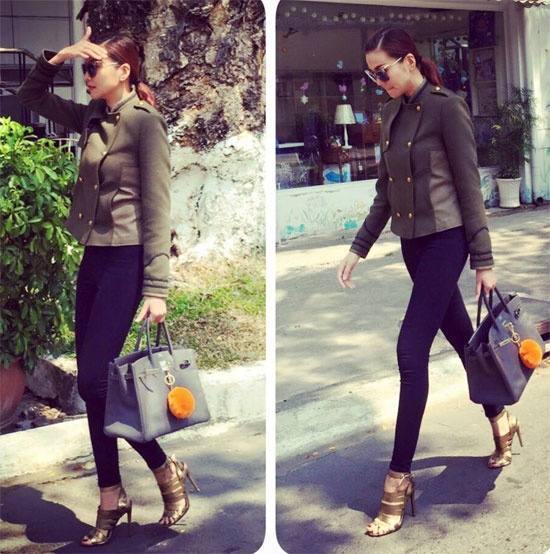 Để thêm cá tính chiếc áo khoác dáng ngắn thiết kế đường khuy to như  Thanh Hằng sẽ giúp bạn thêm phong cách.