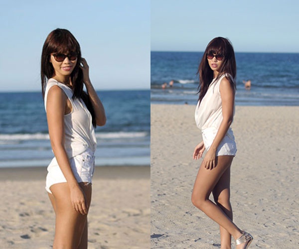 Diện áo sơ mi trắng không tay, quần short ngắn, chân dài đã 