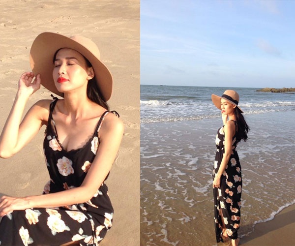Diện một chiếc váy maxi họa tiết nền trầm, Dương Mỹ Linh khoe được tối đa vóc  dáng nuột nà của mình trên biển. Cô nàng thư thái thả mình vào cũng nắng gió và biển xanh.
