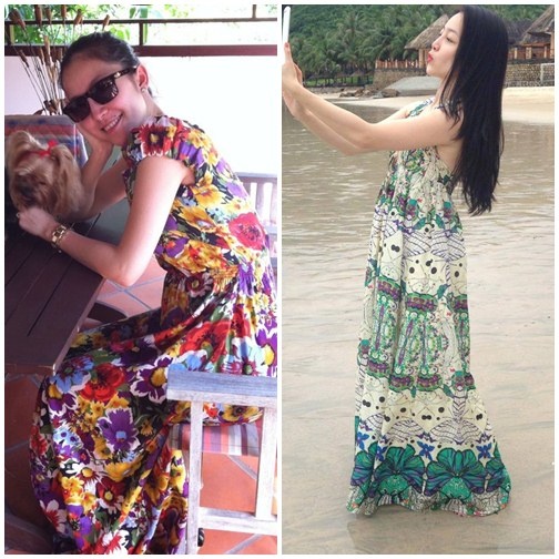 Váy hoa luôn là món đồ thời trang dễ tìm và dễ yêu nhất khi đi biển. “Chim công  làng múa” Linh Nga trông rất quyến rũ và uyển chuyển khi diện style váy này.