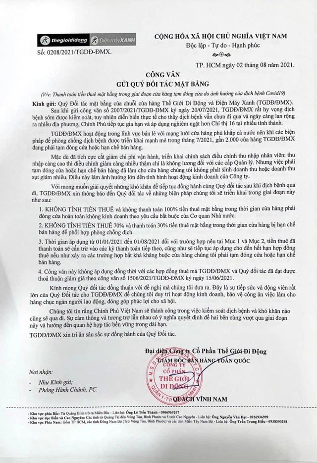 The Gioi Di Dong,  Cho thue mat bang,  Thue mat bang dot dich benh, anh 1