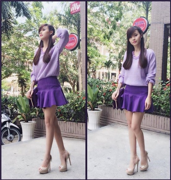 Cả set đồ ton-sur-ton tím mộng mơ của Midu cũng là một gợi ý hay ho cho các bạn gái nữ tính. Đừng quên nhấn nhá bằng phụ kiện như vòng cổ hay túi xách để tránh gây nhàm chán cho set đồ của mình.