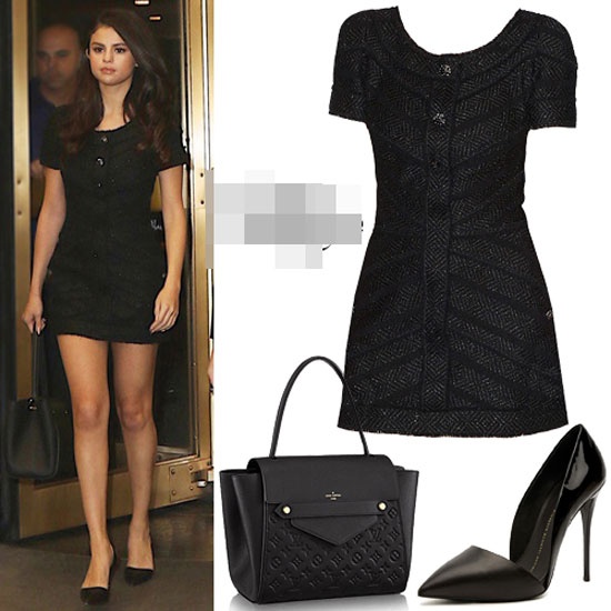 Sau thời gian giảm cân, Selena đã lấy lại vóc dáng thon thả. Cô khoe dáng đẹp  trong chiếc váy Chanel khi rời khỏi stydio NBC. Túi và giày lần lượt của Louis  Vuitton và Giuseppe Zanotti. Hai món phụ kiện này được người đẹp sử dụng  khá nhiều lần.