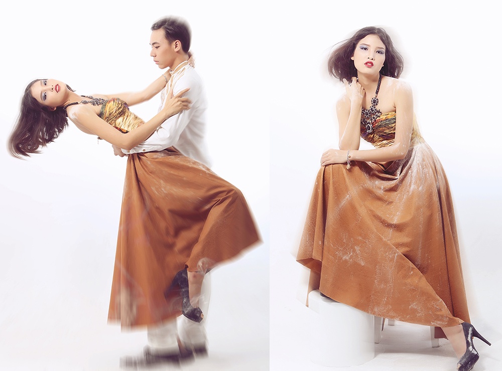 : Phần ngực áo có họa tiết rối mắt được trả lại sự đơn giản ở phần chân váy xòe không họa tiết có màu liên quan.