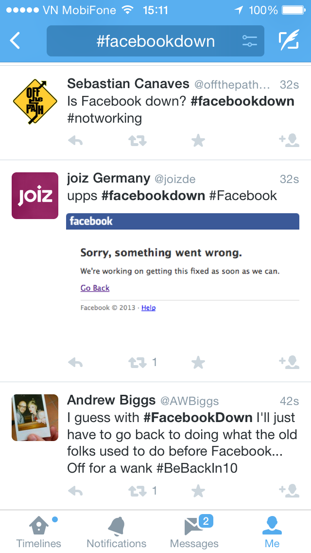 #facebookdown là dòng tag phổ biến trên Twitter của nhiều người dùng.