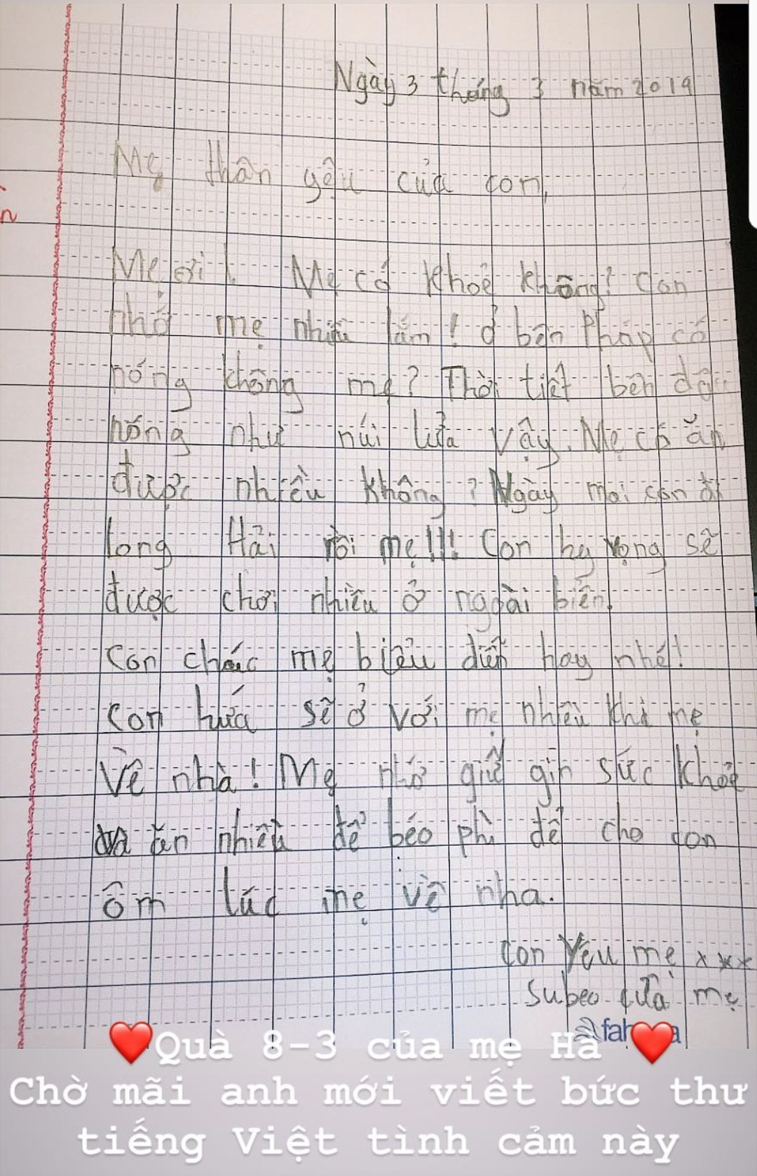 Hồ Ngọc Hà chia sẻ bức thư tay Subeo viết tặng mẹ ảnh 1 Ho Ngoc Ha chia se buc thu tay Subeo viet tang me anh 1