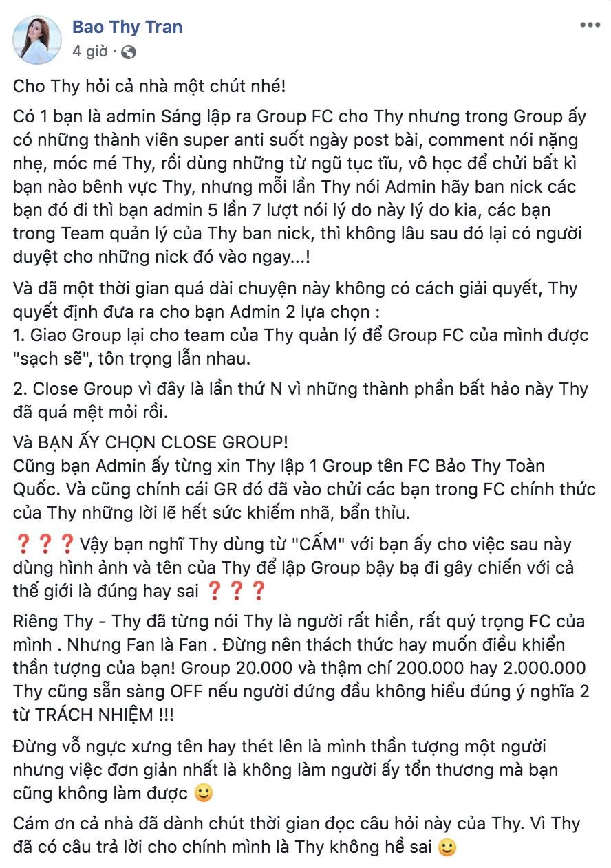 Bảo Thy đóng cửa nhóm FC 20.000 thành viên ảnh 2 Bao Thy dong cua nhom FC 20.000 thanh vien anh 2
