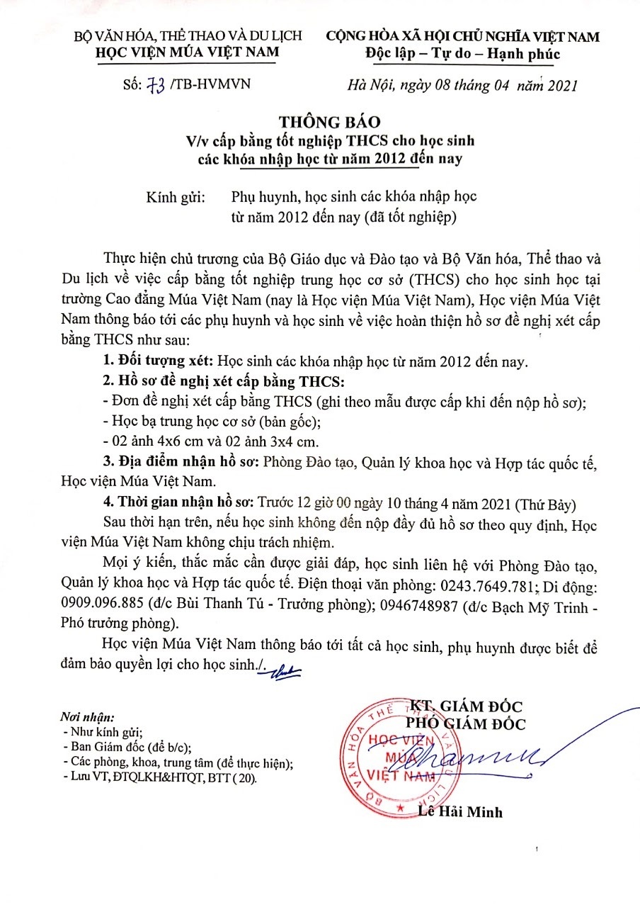 Học viện Múa Việt Nam cấp bằng THCS cho học sinh ảnh 1 Hoc vien Mua Viet Nam cap bang THCS cho hoc sinh anh 1