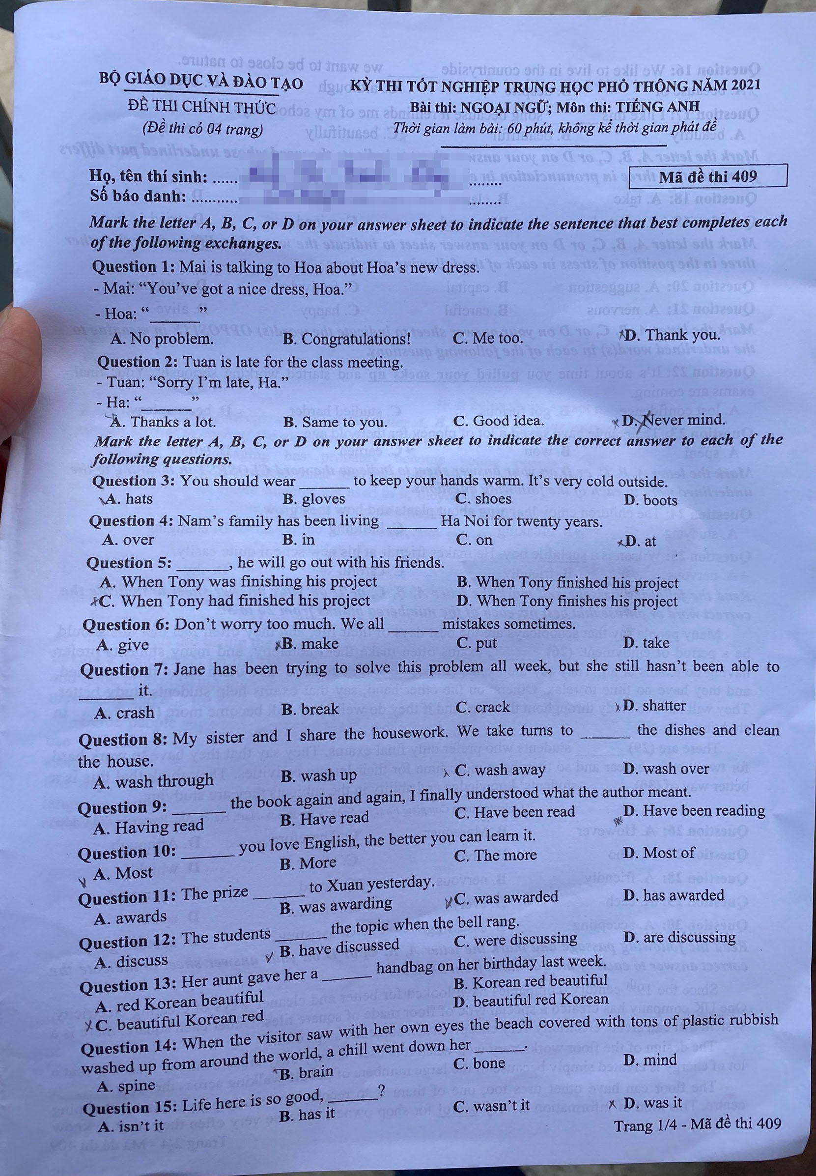 Dap an de thi mon Tieng Anh anh 1