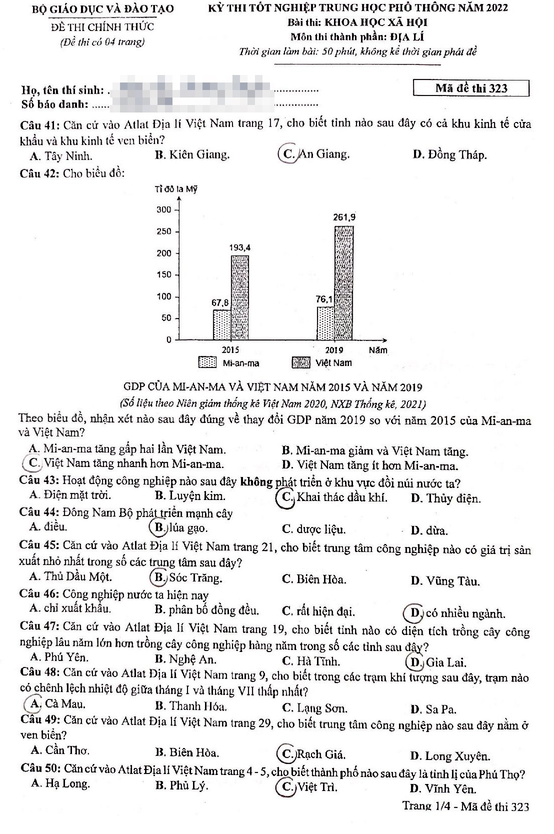 dap an de thi mon Dia ly anh 3