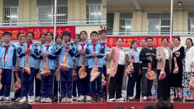 Hoc sinh gioi o Trung Quoc duoc tang gio heo, thit ba chi hinh anh