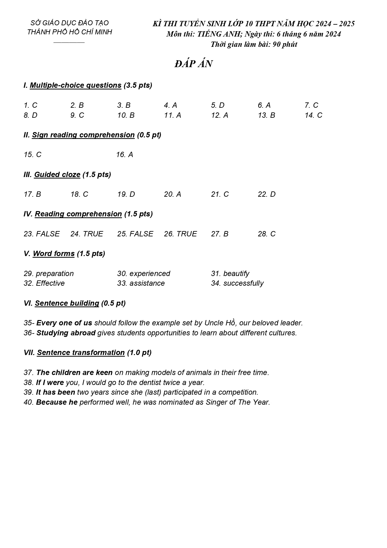 dap an thi lop 10 anh 9