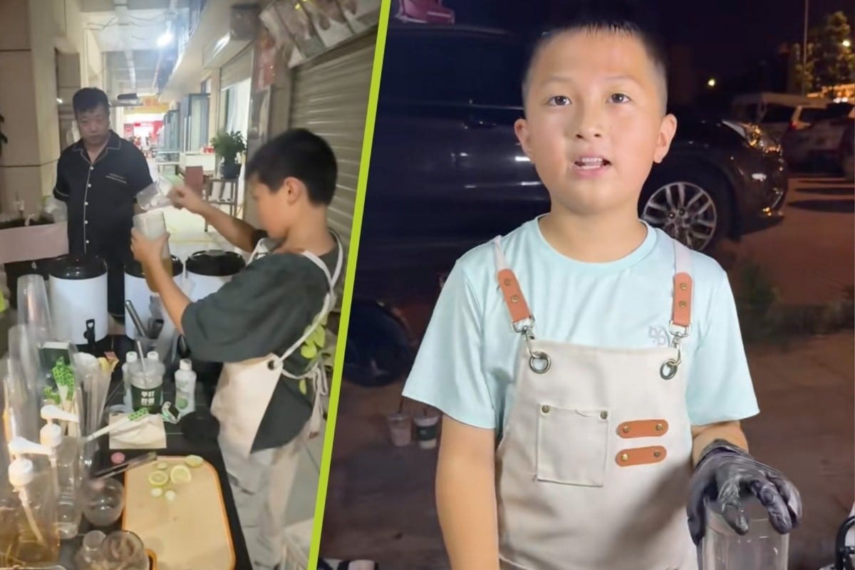 Cau be Trung Quoc ban tra sua trong ky nghi, kiem chuc trieu moi thang hinh anh