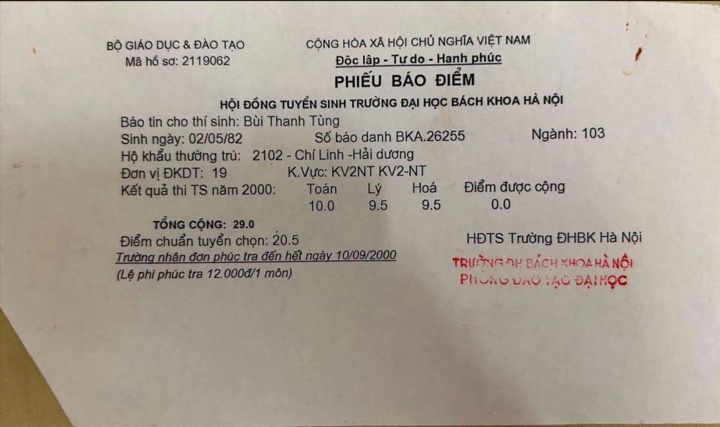 Giấy báo điểm 29/30 ĐH Bách khoa năm 2000 gây sốt