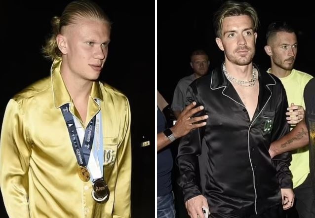 Haaland mac do ngu, deo huy chuong di hop dem hinh anh