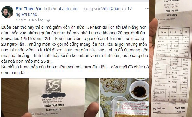 Du khách tố nhà hàng đà nẵng chặt chém  ảnh 1 Du khach to nha hang da nang chat chem anh 1