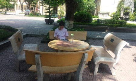 Ghế đá dưới bóng cây rợp mát là lựa chọn được nhiều sinh viên lựa chọn để học bài, tránh nóng.