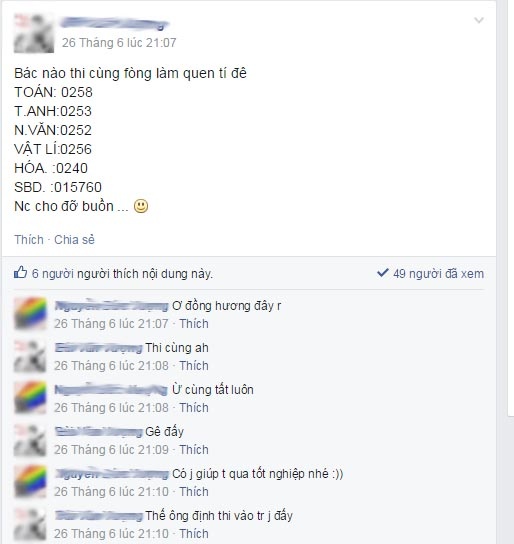 Bên cạnh hoạt động giao lưu, chia sẻ kinh nghiệm thi cử, trên nhóm facebook cũng xuất hiện những lời nhờ vả, hẹn sẽ giúp đỡ nhau khi vào phòng thi.