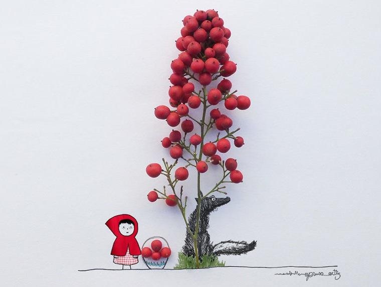 Chang trai ve tranh ti hon voi canh hoa va trai cay hinh anh