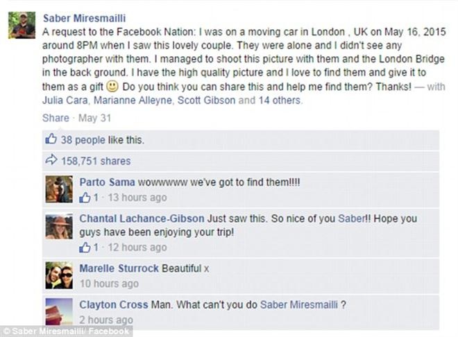 Saber đăng bức ảnh lên Facebook với hy vọng tìm được cặp đôi này và tặng họ bức ảnh đẹp đẽ.